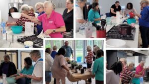 a series of photos of the Grands Recipe Makeover group cooking in the kiitchen