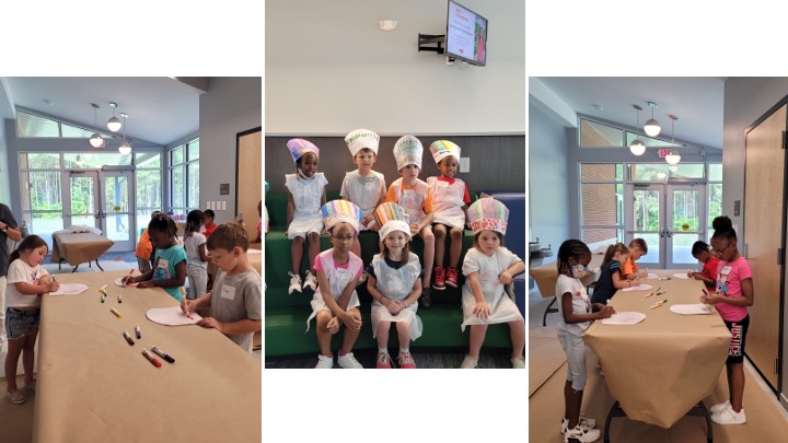 Children at tables painting aprons and chefs hats.