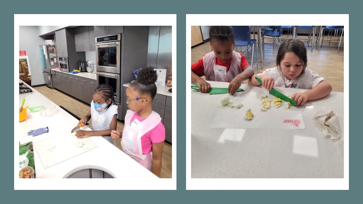 children learn to chop boiled eggs together.