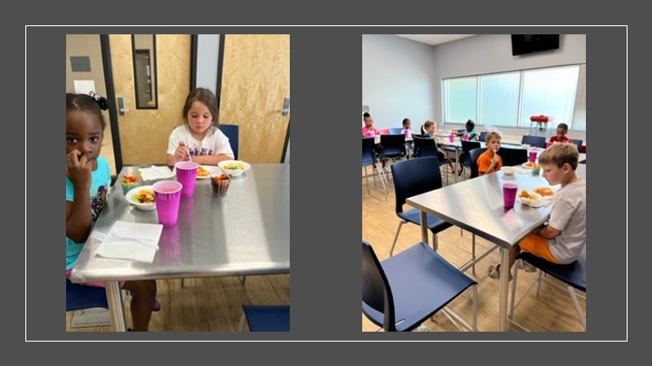 Kids eating together at tables.