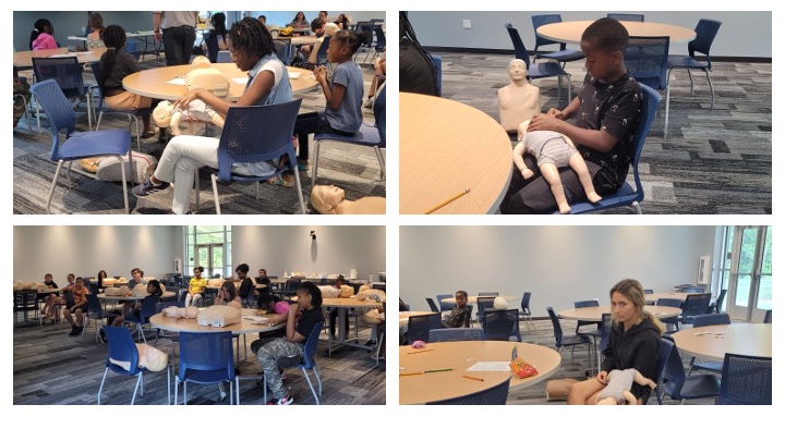 A collage of kids working with CPR dummies.
