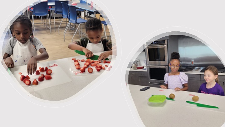 Children cutting strawberries and kiwis