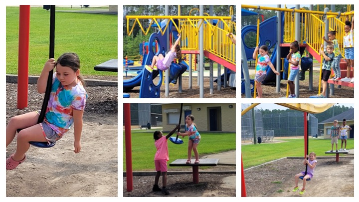 Children swinging and playing on a jungle gym.