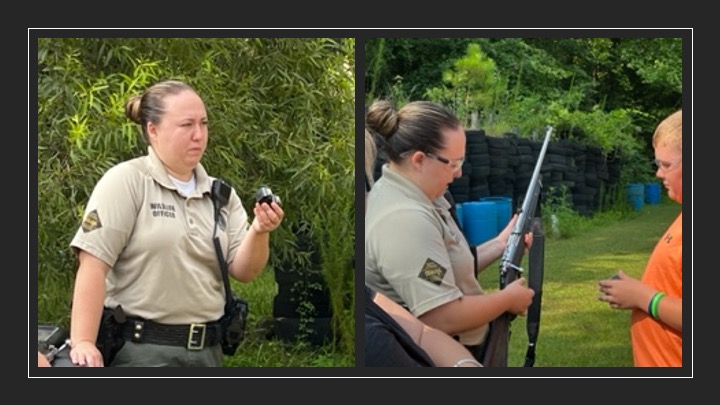 A woman demonstrates proper use of a firearm.