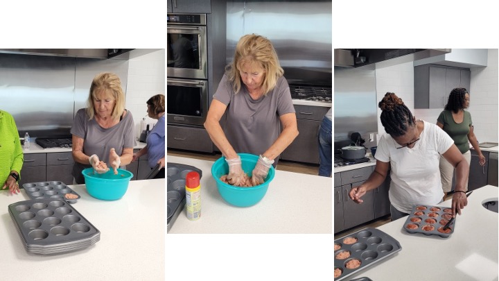 A collage of women preparing meat to go in muffin trays