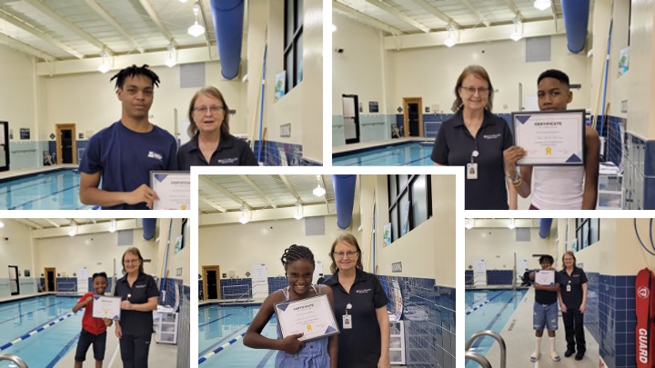 Collage of swimming students posing with certificates