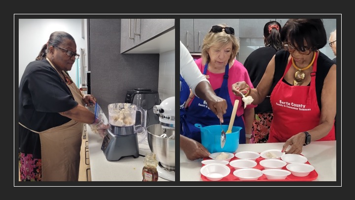 Women dish a dessert into bowls.