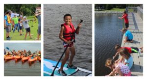Children practicing archery, canoeing, paddleboarding, and fishing.