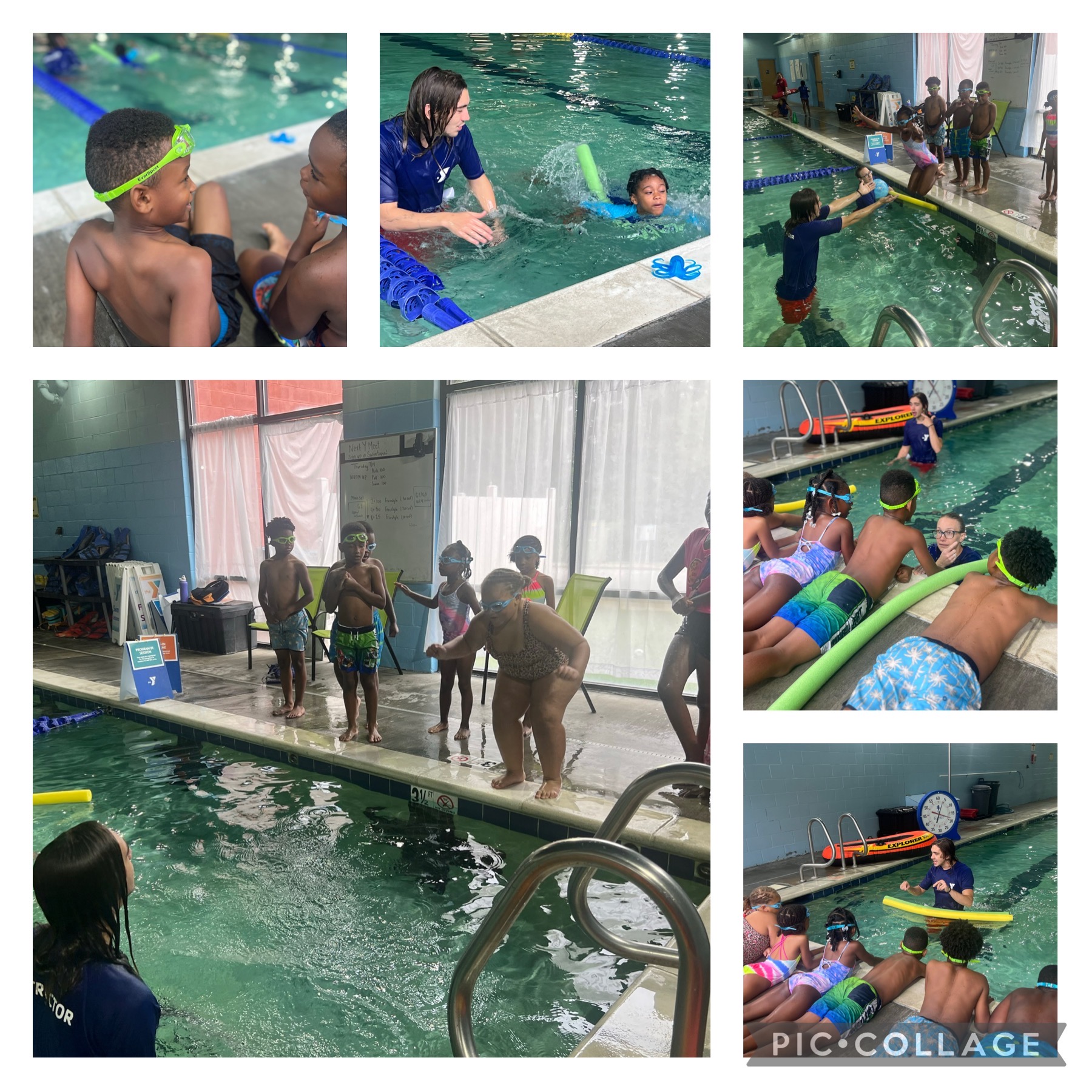 A collage of children learning to swim in an indoor pool.