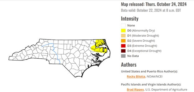 A map of North Carolina showing the North East corner of the state as Abnormally Dry.