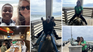 A collage of pictures of teens enjoying themselves on a fishing pier.