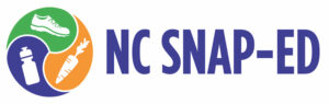 Logo for NC SNAP-ED with a circle that is dissected by thirds with a water bottle in a section, a sneaker in a section, and a carrot in a section