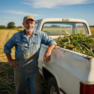 Farmer standing next to a truck with corn in the bed of the truck