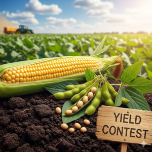 SIGN THAT SAYS YIELD CONTEST WITH AN EAR OF CORN AND SEVERAL PODS OF SOYBEANS