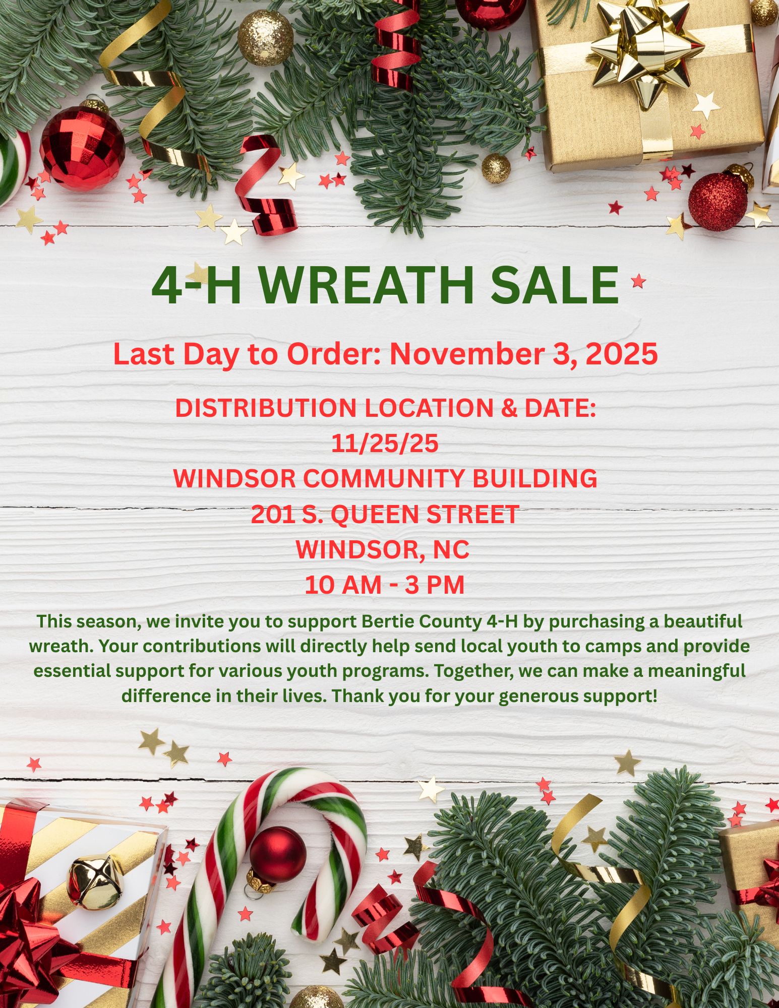 Wreath Sale last day to order is 11/3/25 pick up on 11/25/25 10-1 at windsor community building
