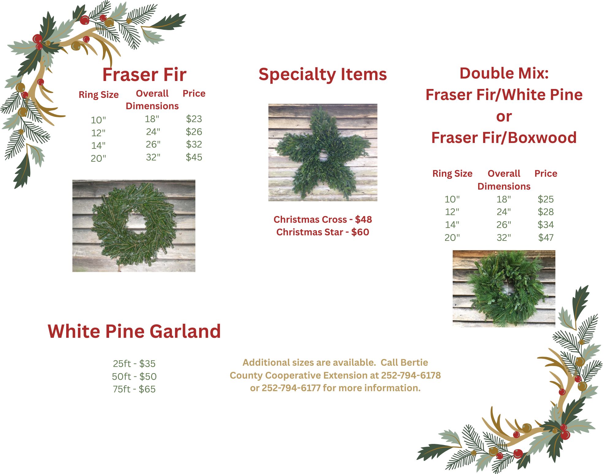 Flyer with prices for different size wreaths