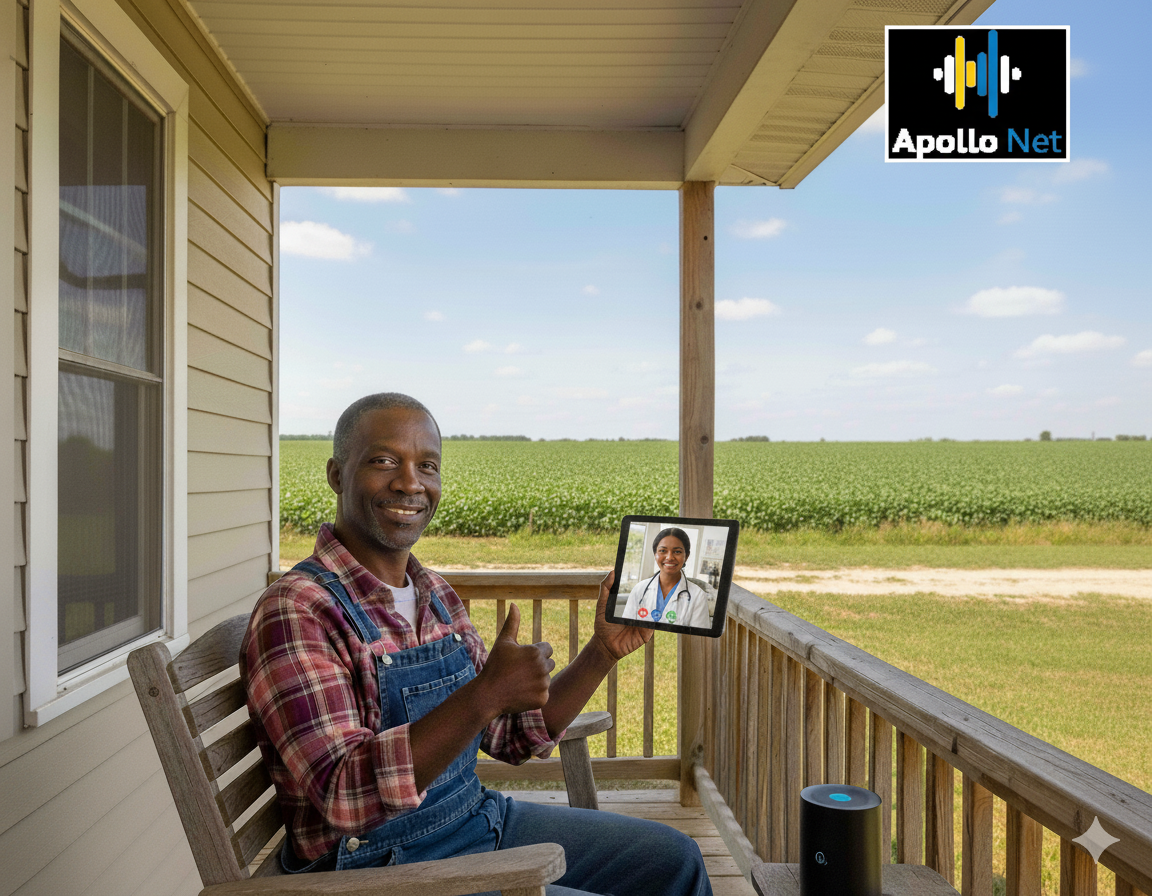 AI-generated image of a smiling farmer on a wooden porch holding a tablet showing a doctor on screen, symbolizing reliable telehealth access made possible by Apollo Net’s affordable rural internet service.