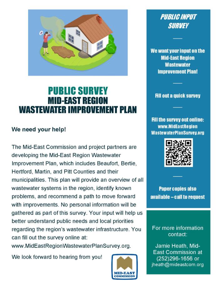 Flyer with a survey for wastewater improvement www.mideastregionwastewaterplansurvey.org